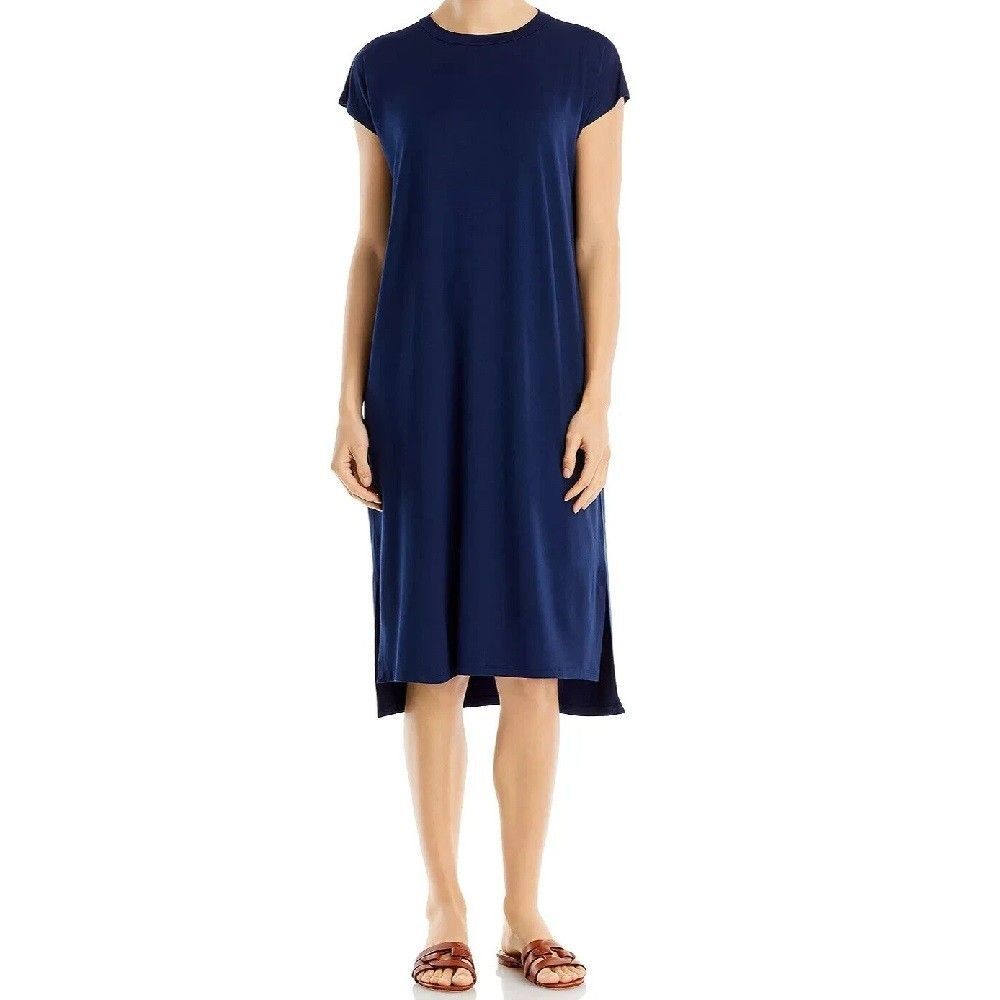 Eileen Fisher Cap Sleeve Knit Sheath Dress Women Size Medium Blue High Low